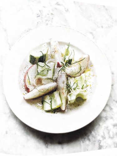 Peaches with goat cheese and lovage