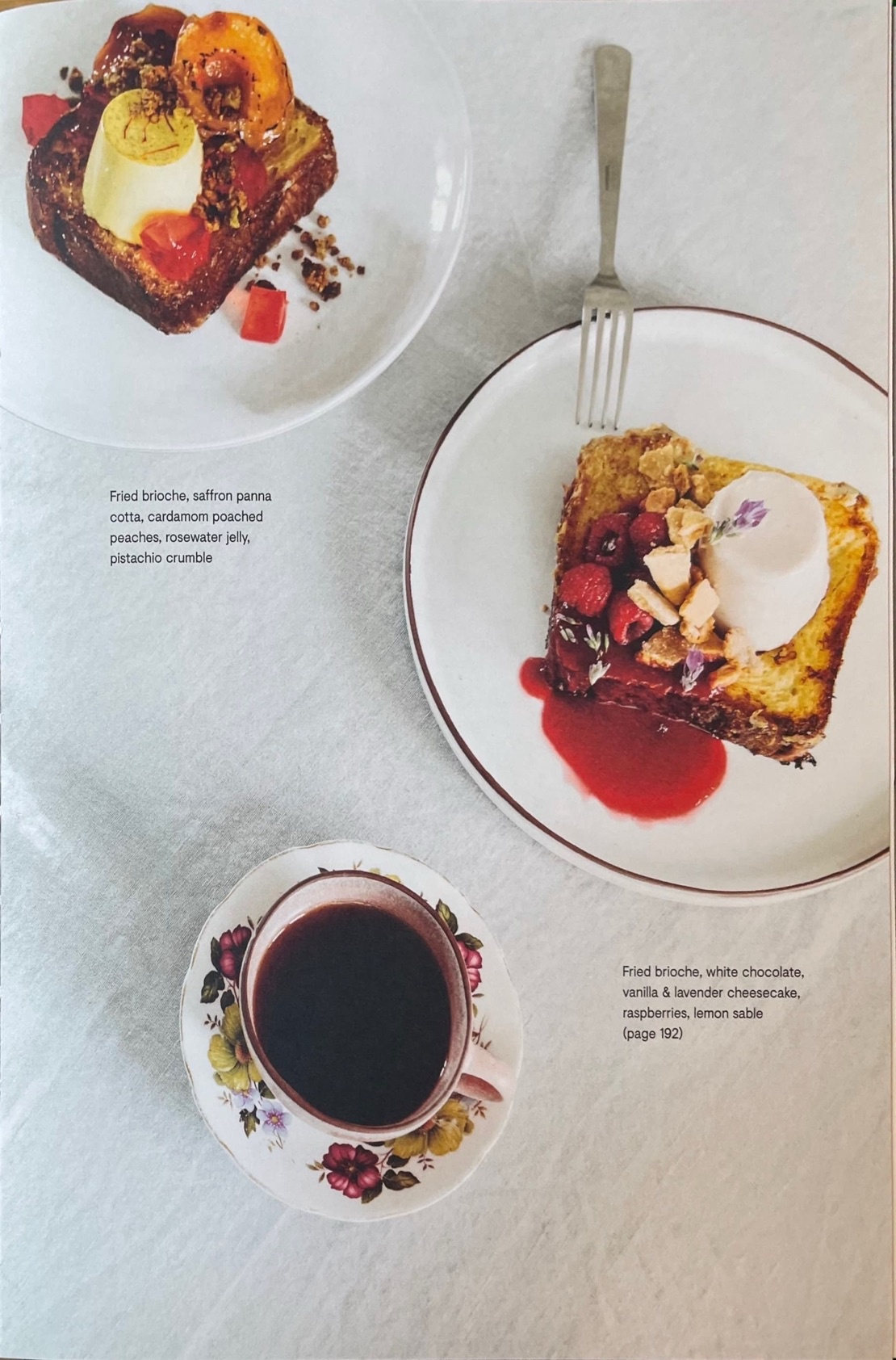 Fried brioche, saffron panna cotta, cardamom poached peaches, rosewater jelly, pistachio crumble