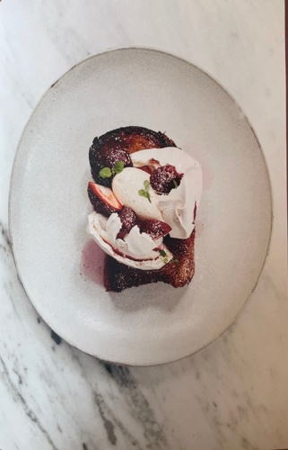 Fried brioche, vanilla meringue, chantilly cream, fresh berries, hibiscus syrup