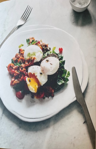 Burrata, tomato tartare, Swiss chard salad, 64-degree eggs