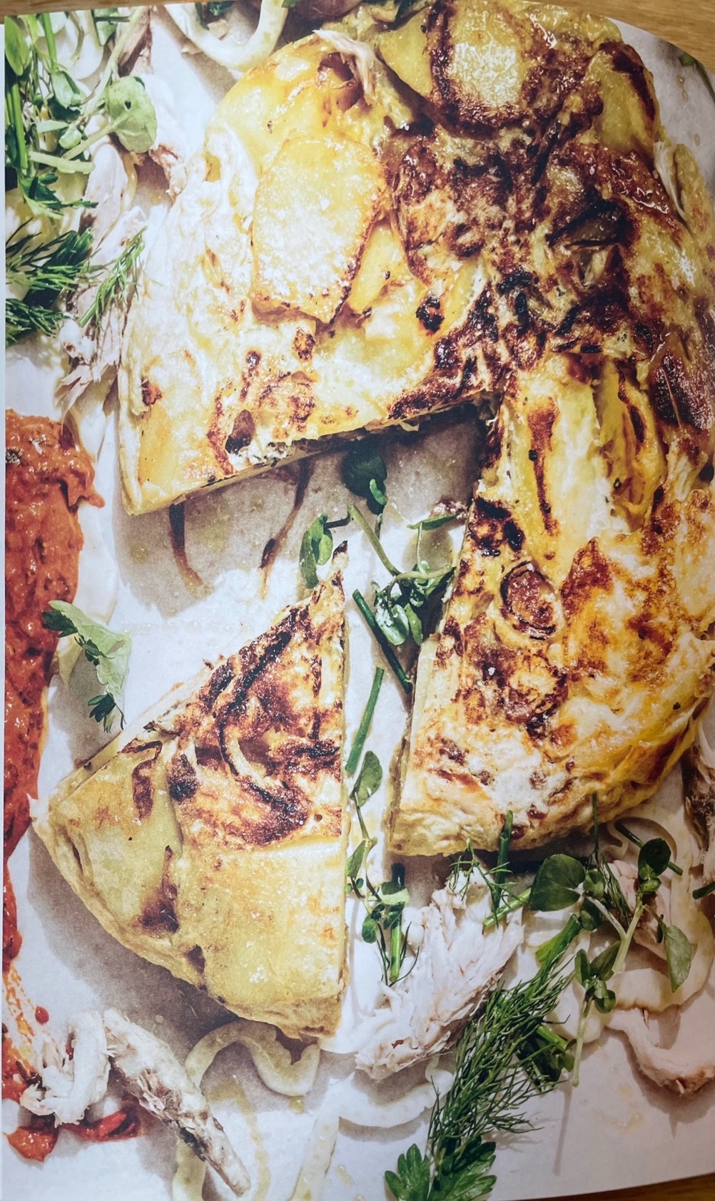 Tortilla with smoked mackerel, romesco, baby endive salad