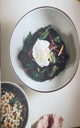 Moorish lamb stew, moghrabieh pearls, preserved lemon labneh