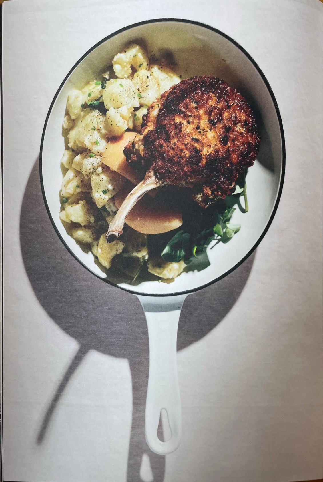 Lemon-crumbed pork chop, spiced quince, smashed potato