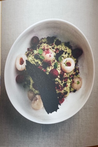 Matcha rice pudding, raspberries, yuzu & lychee gel, black sesame tuile