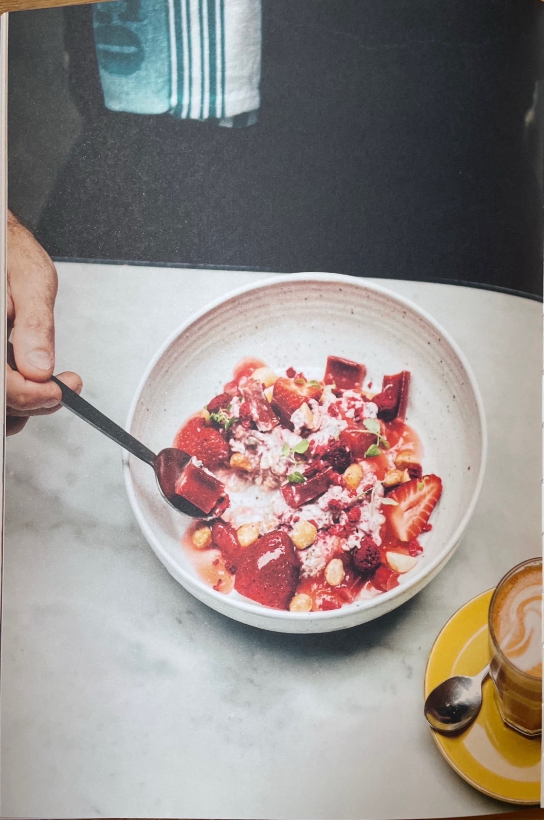 Bircher, orange & star anise-poached rhubarb, strawberries, toasted macadamia